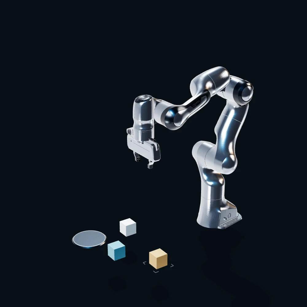 An articulated silver robotic arm reaching toward a task object