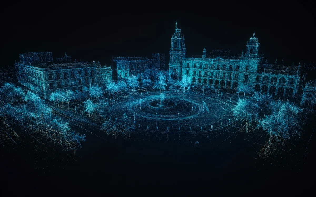 Luminous point-cloud reconstruction of an urban plaza