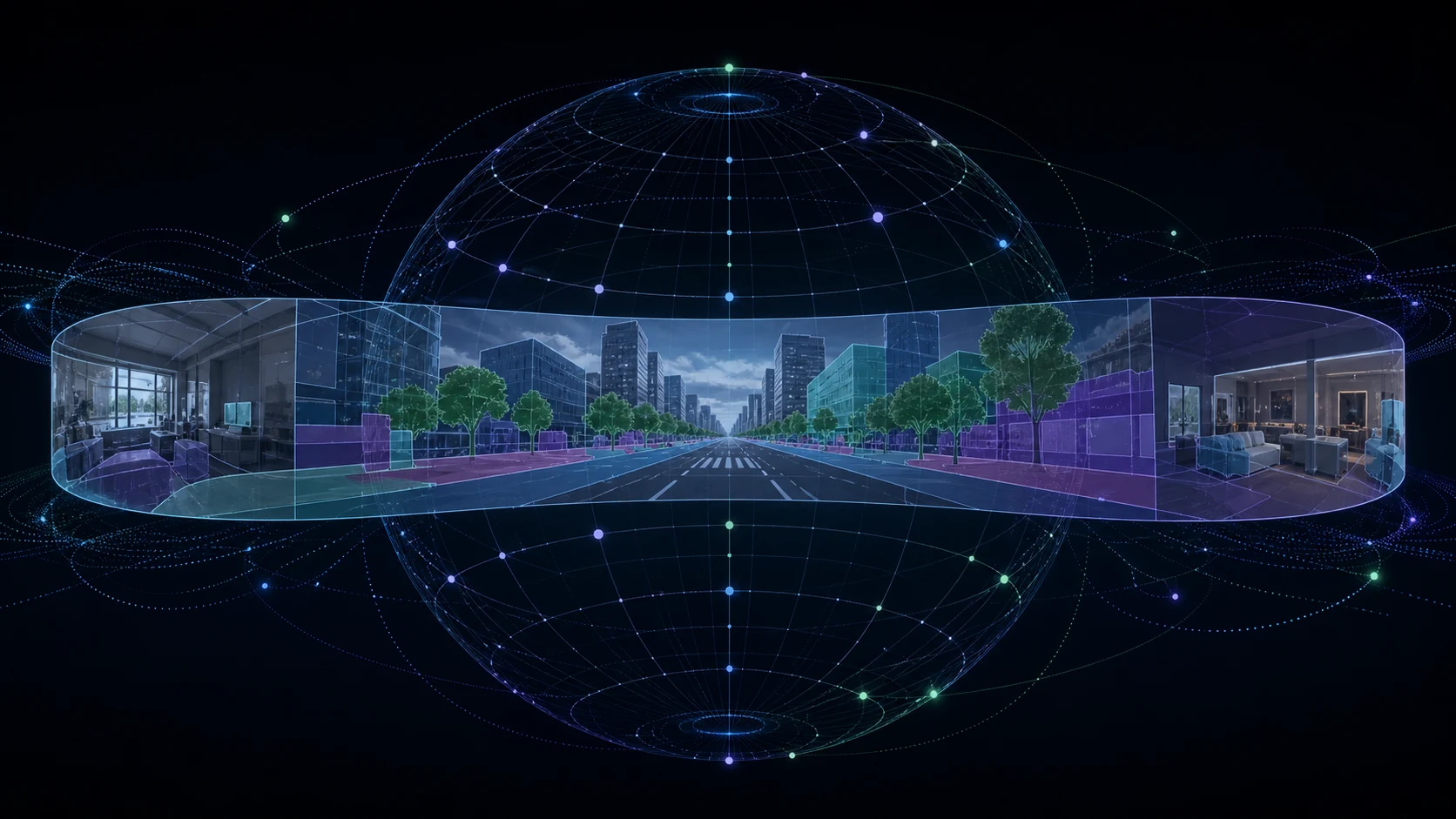 A 360-degree panorama wrapped around a luminous sphere with semantic scene overlays