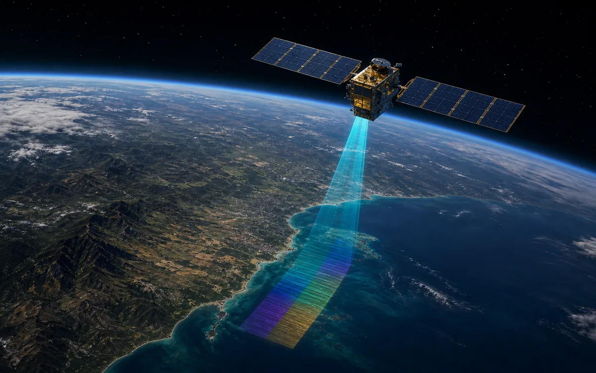 Satellite observing coastal terrain from orbit